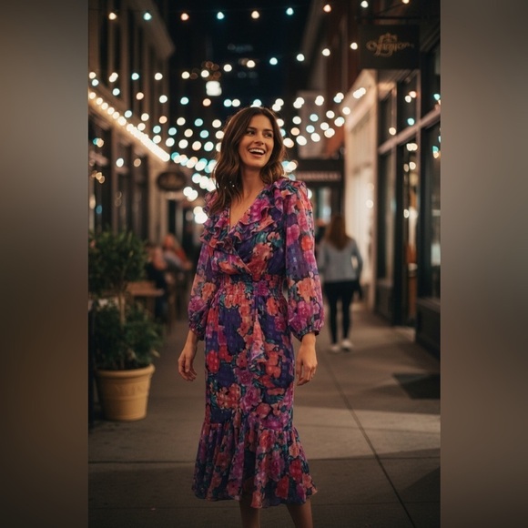 susan tudor Dresses & Skirts - VINTAGE 80's Susan Tudor Pink Floral Midi Dress Pleated Cottagecore Ruffle S